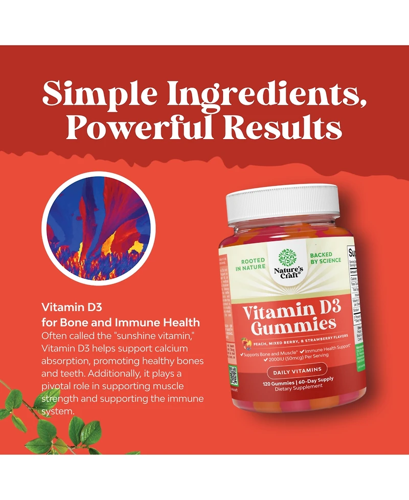 Nature's Craft Vitamin D3 Gummies Vitamin D Gummies for Adults with Vitamin D3 2000IU per Serving Bone Muscle and Immune Support 120 Count