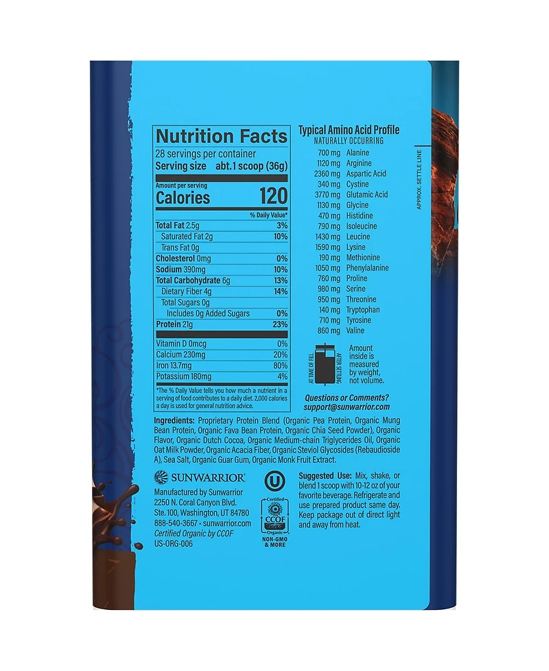 Sunwarrior Warrior Blend Protein Powder, Chocolate, 21 Gram Protein, 28 Servings