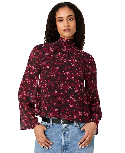 French Connection Women's Marina Chiffon Bow Long-Sleeve Mock-Tie Neck Floral-Print Blouse