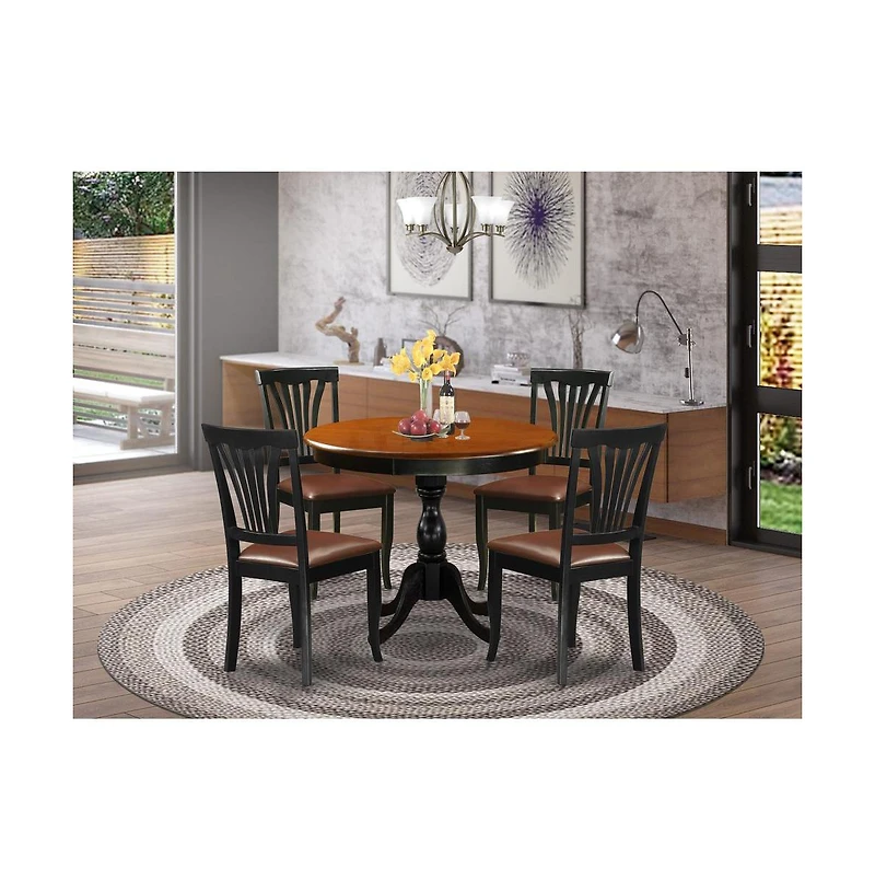 East West Furniture 5-Piece Dining Room Set Consists of a Mid Century Dining Table and 4 Faux Leather Dinner Chairs with Slatted Back