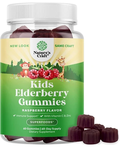Nature's Craft Kids Elderberry Gummies with Zinc and Vitamin C, Daily Immune Support Gummies for Children, Raspberry Flavor, 60 Count