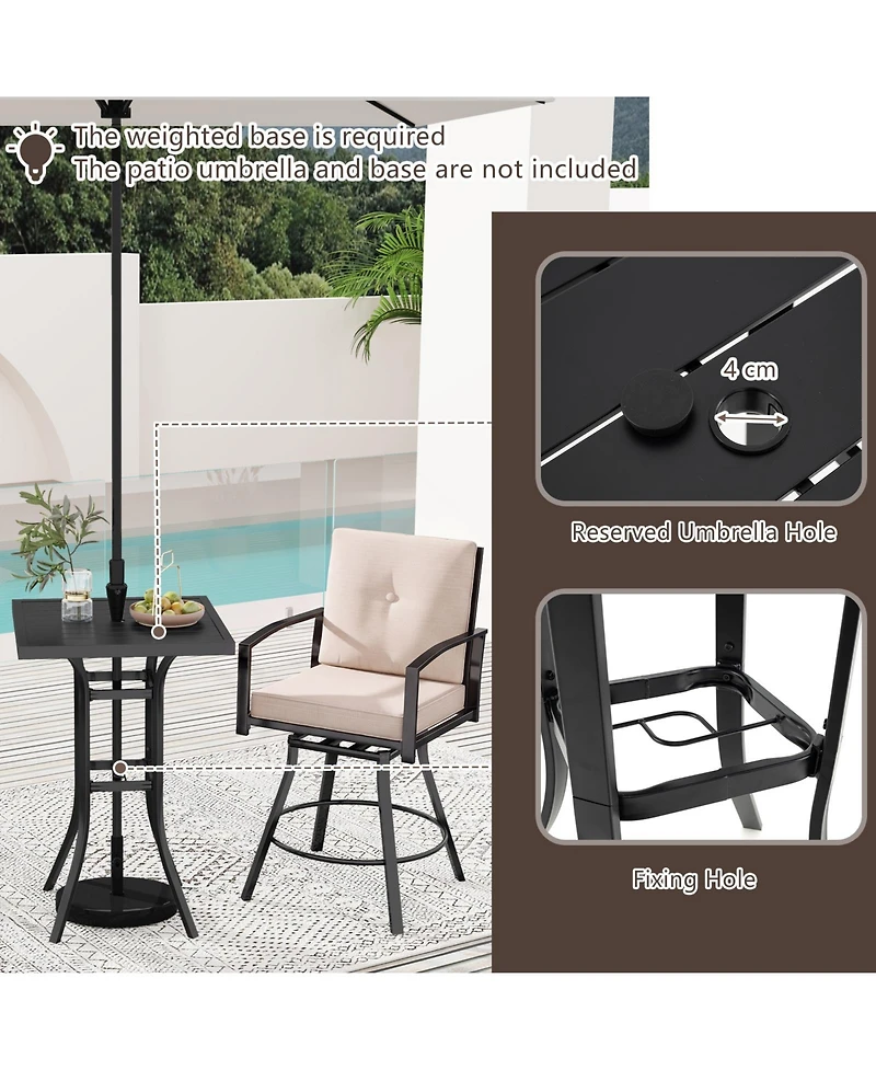 Gymax 3-Piece Patio Swivel Bar Set w/ Soft Cushions and 1.57'' Umbrella Hole