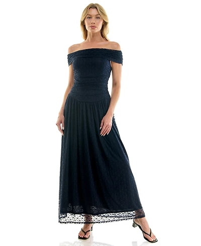 Beauty & Grace Juniors' Lea Off-the-Shoulder Lace Ruched Maxi Dress