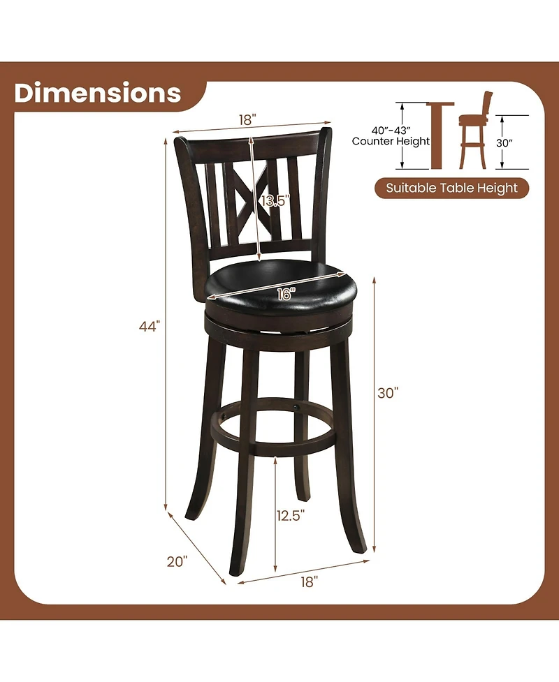 Gymax Set of 2 Bar Stools 30'' Swivel Bar Chairs w/ Footrest Hollowed Backrest