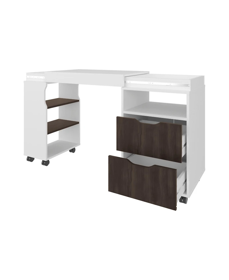 Fm Furniture Loris Extendable Desk with Two Drawers, Open Shelves, and Sliding Mechanism