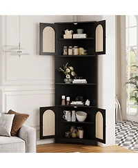 Vabches 67" H Tall Corner Cabinet, Rattan Storage Cabinet with Adjustable Shelves, Corner Bookshelf