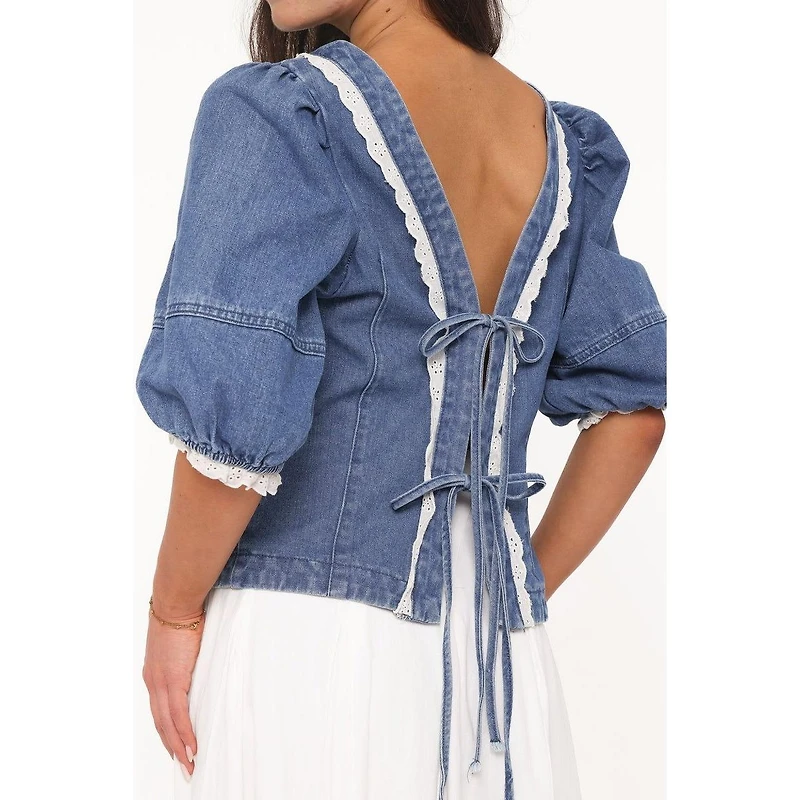 Petal and Pup Women's Merli Denim Open-Back Puff-Sleeve Top