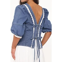 Petal and Pup Women's Merli Denim Open-Back Puff-Sleeve Top