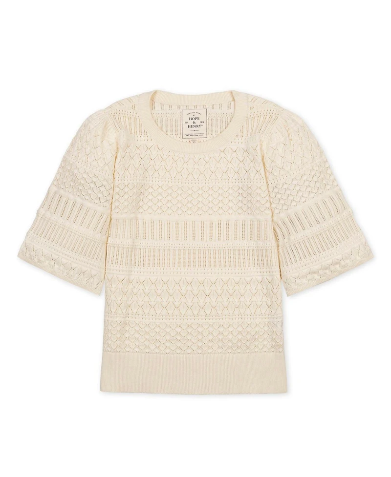 Hope & Henry Women's Organic Cotton Bell Sleeve Pointelle Sweater Top