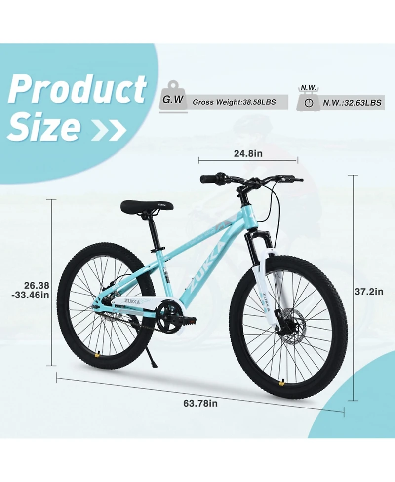 ECHTPeak Mountain Bike 24 Inch Front Suspension Fork Double Disc Brakes, 220 lbs, Ages 9-12