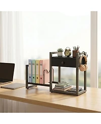 Danrong 2 Tier Wooden Desktop Organizer with Drawer and Hooks Rustic Desk Storage Rack for Home Office Dorm