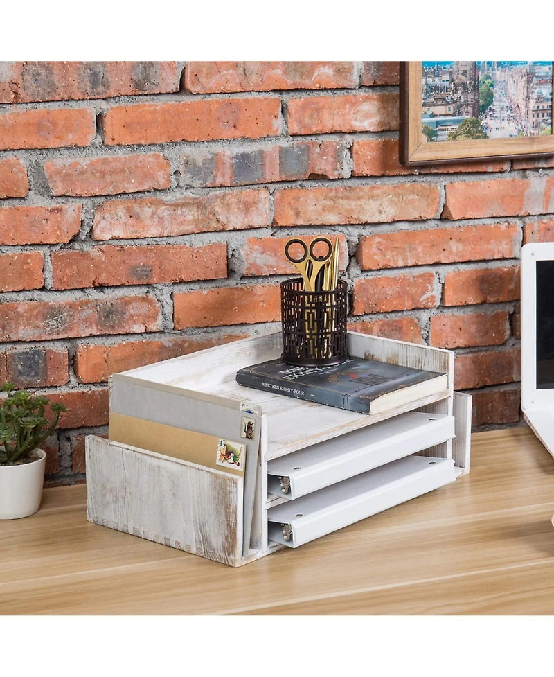 Danrong 3 Tier Wooden Desktop Organizer File Tray Letter Holder Farmhouse Storage