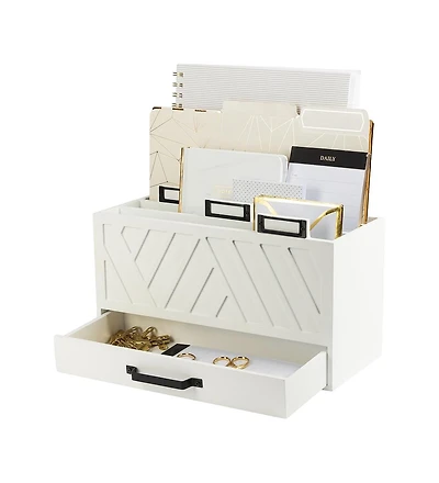 Danrong Wood Desktop Mail Organizer Three Tier Sorter With Drawer Label Holders Countertop Storage