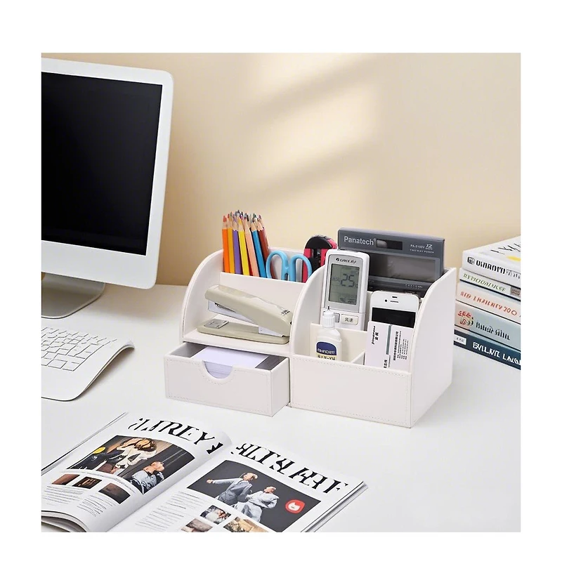 Danrong Pu Leather Desk Organizer 6 Compartments With Drawer Office Supplies Storage