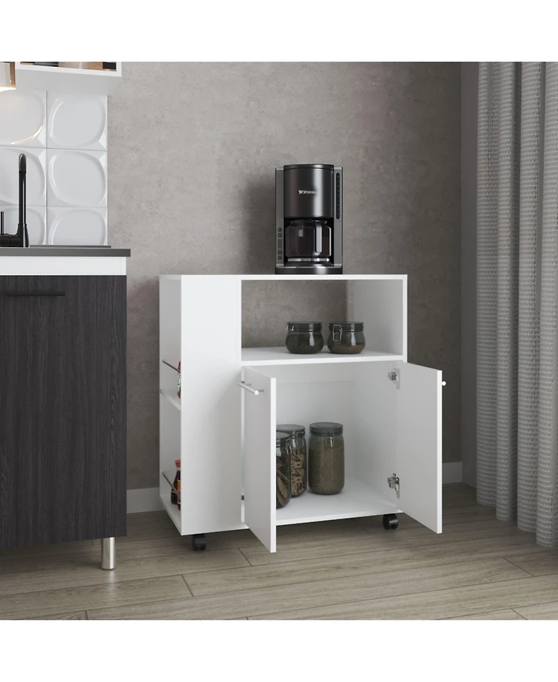 Fm Furniture Linden Kitchen Cart with Microwave Shelf, Open Storage, and Two-Door Cabinet
