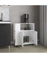 Fm Furniture Linden Kitchen Cart with Microwave Shelf, Open Storage, and Two-Door Cabinet