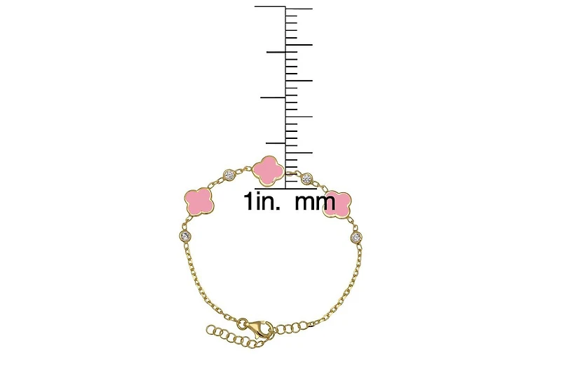 Lily Nily Girls Enamel Clovers and Cubic Zirconia Bezel Station Chain Link Bracelet in 14K