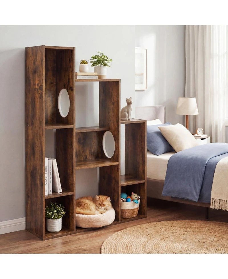 Sugift Modern Cat Bookshelf Cat Tree 8-Section Storage Cabinet with 2 Round Hideaway Holes