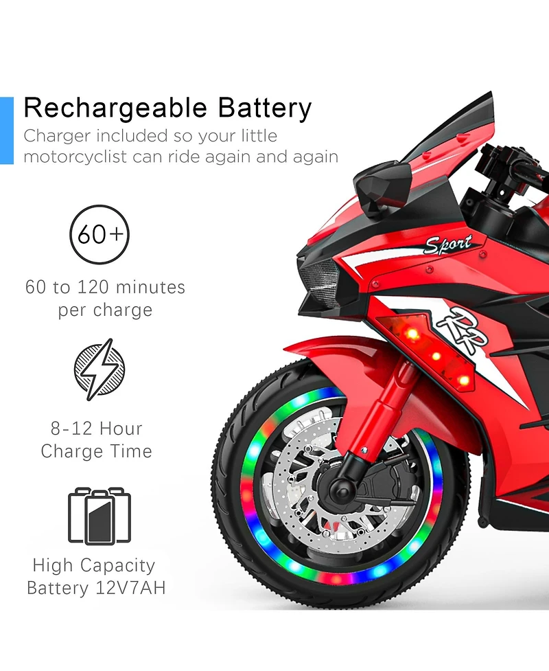 Sevorley 12V Kids Electric Ride-On Motorcycle with Rechargeable Led Lights and Music, Ages 3-6