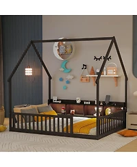 Streamdale Furniture Full House Floor Bed with Storage, Led, Charging Station and Guardrails