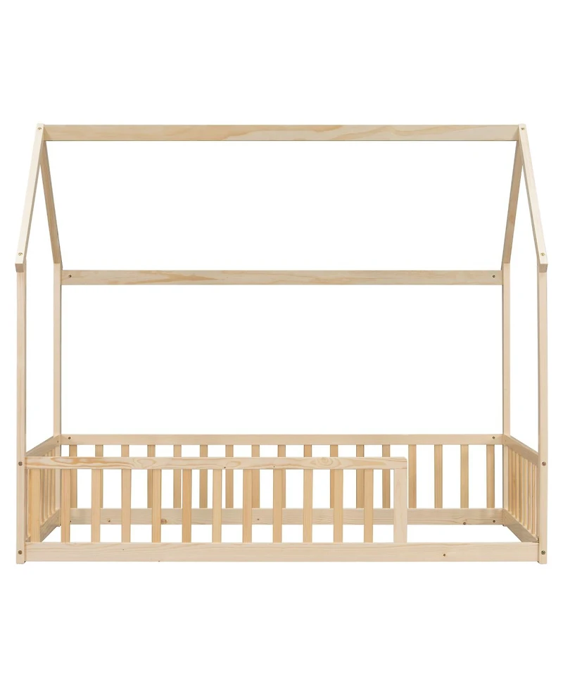 Streamdale Furniture Twin House Floor Bed with Roof and Guardrails