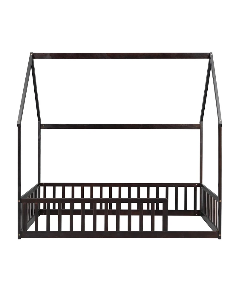 Streamdale Furniture Full Size House Floor Bed with Roof, Guardrails