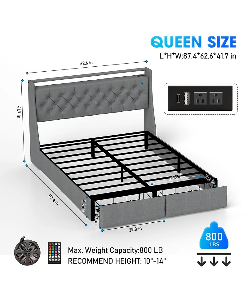 Streamdale Furniture Queen Led Upholstered Platform Bed with Storage Drawers and Charging Station