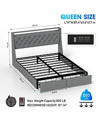 Streamdale Furniture Queen Led Upholstered Platform Bed with Storage Drawers and Charging Station