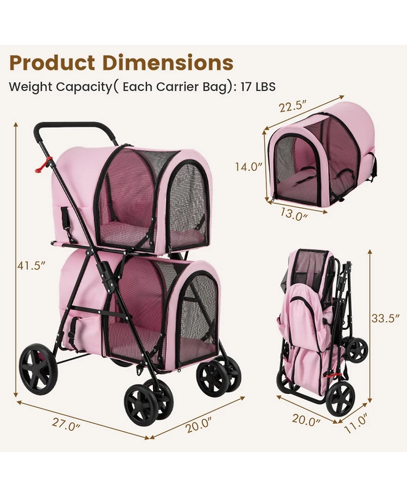 Sugift 4-in-1 Double Pet Stroller with Detachable Carriers and Travel Carriage for Two Pets