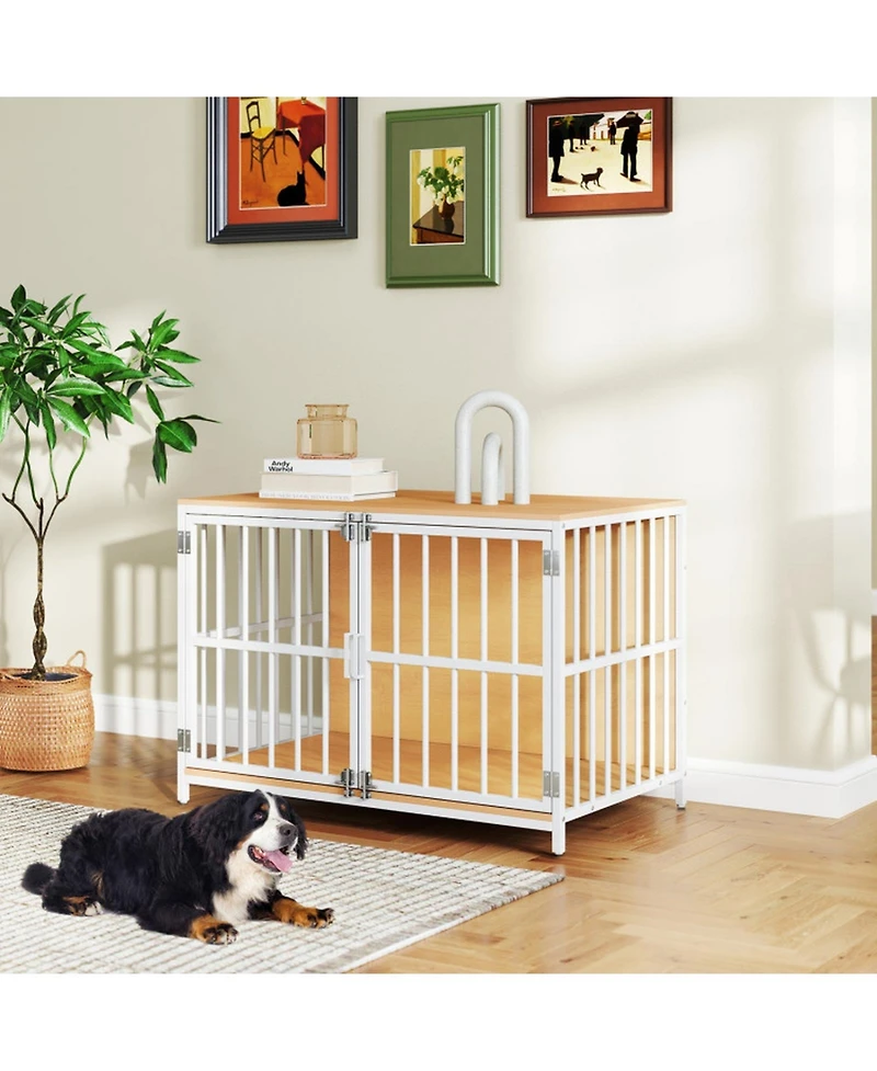 Sugift 40 Inch Dog Crate Furniture Kennel Side Table with Dual Lockable Double Doors