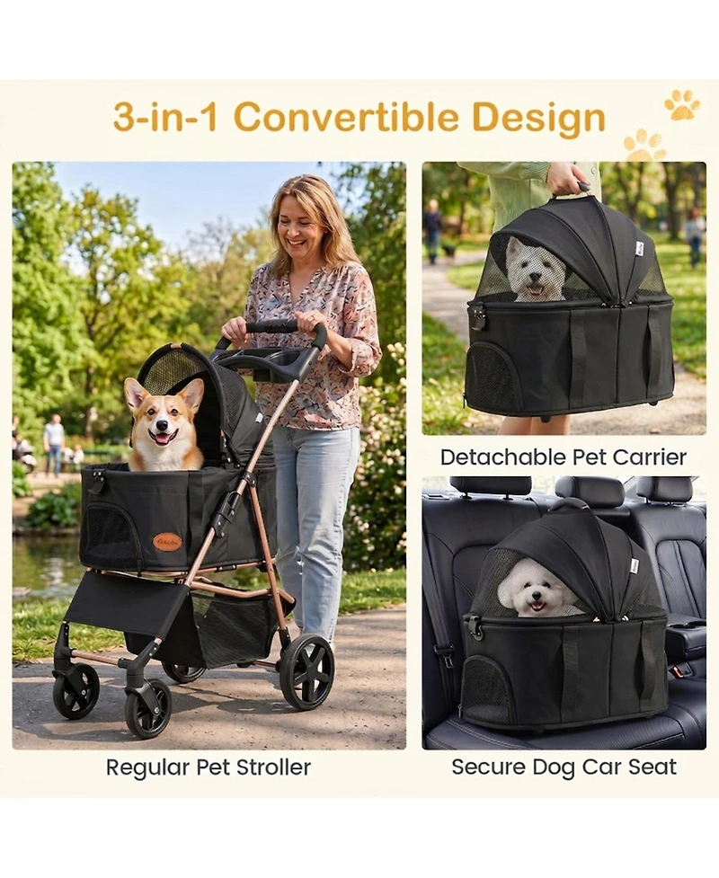 Sugift 3-in-1 Pet Stroller for Small and Medium Dogs with Detachable Carrier and Cup Holder