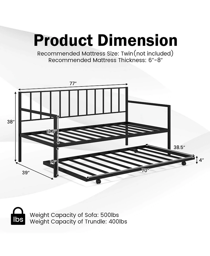 Mecale Twin Daybed with Roll-Out Trundle, Metal Sofa Bed Frame Set