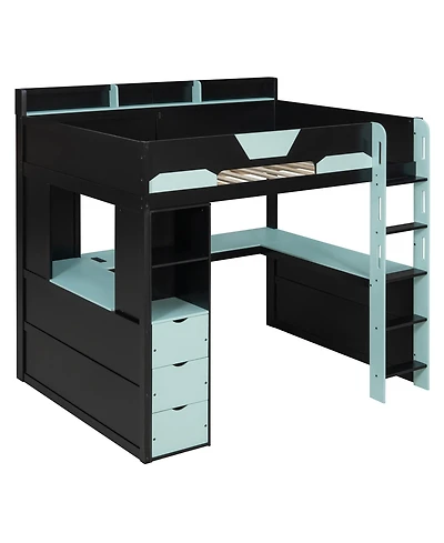 Clihome Full Wooden Gaming Loft Bed with U-Shaped Desk,Multi-Functional High Sleeper 3 Drawers and Storage Shelves for Teens Adults