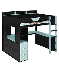 Clihome Full Wooden Gaming Loft Bed with U-Shaped Desk,Multi-Functional High Sleeper 3 Drawers and Storage Shelves for Teens Adults