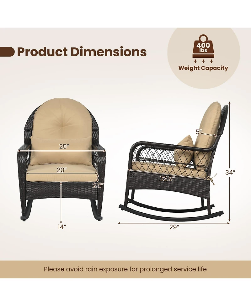 Gymax 2 Piece Outdoor Wicker Rocking Chair 400 Lbs Patio Rattan Rocker Chair with Anti-Tip Stoppers