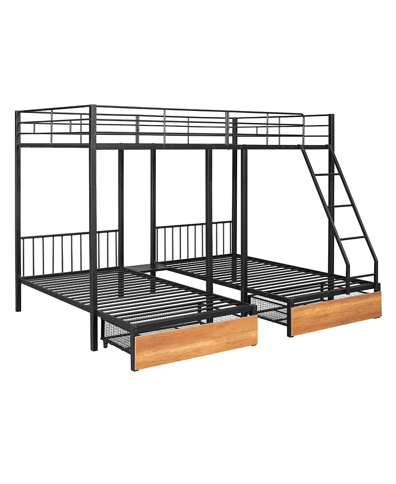 Clihome Full Over Twin and Twin Bunk Bed, Metal Triple Bunk Bed with Drawers and Guardrails