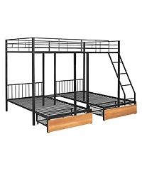 Clihome Full Over Twin and Twin Bunk Bed, Metal Triple Bunk Bed with Drawers and Guardrails