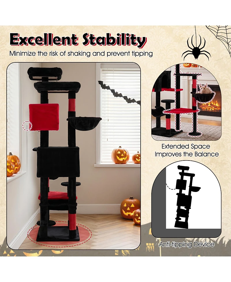 Gymax Gothic Cat Tree 75'' Extra Large Cat Tower with 2 Plush Perches 2 Condos Hammock