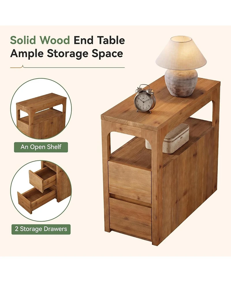 Tribesigns Narrow Solid Wood End Table with 2 Drawers and Open Shelf