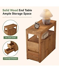 Tribesigns Narrow Solid Wood End Table with 2 Drawers and Open Shelf