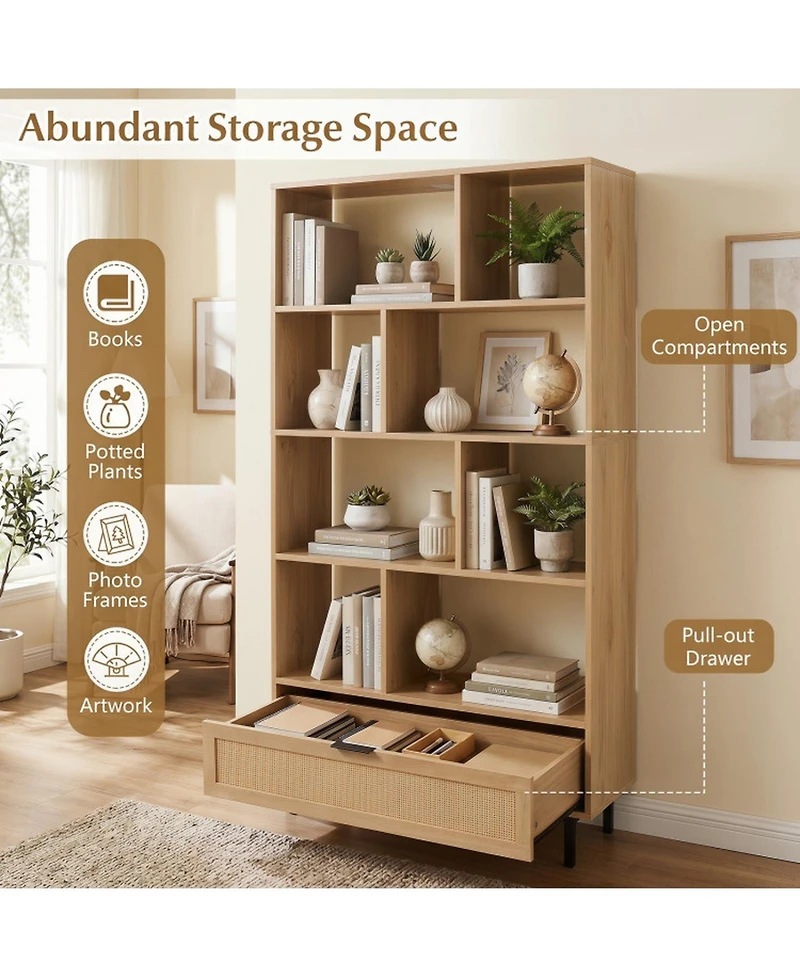 Sugift 64 Inch 6-Tier Tall Wooden Bookcase with 8 Open Cubes and Pull-Out Rattan Drawer