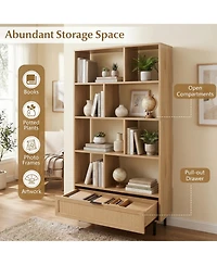 Sugift 64 Inch 6-Tier Tall Wooden Bookcase with 8 Open Cubes and Pull-Out Rattan Drawer