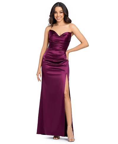 Blondie Nites Juniors' Long Strapless Glam Satin Slim Gown