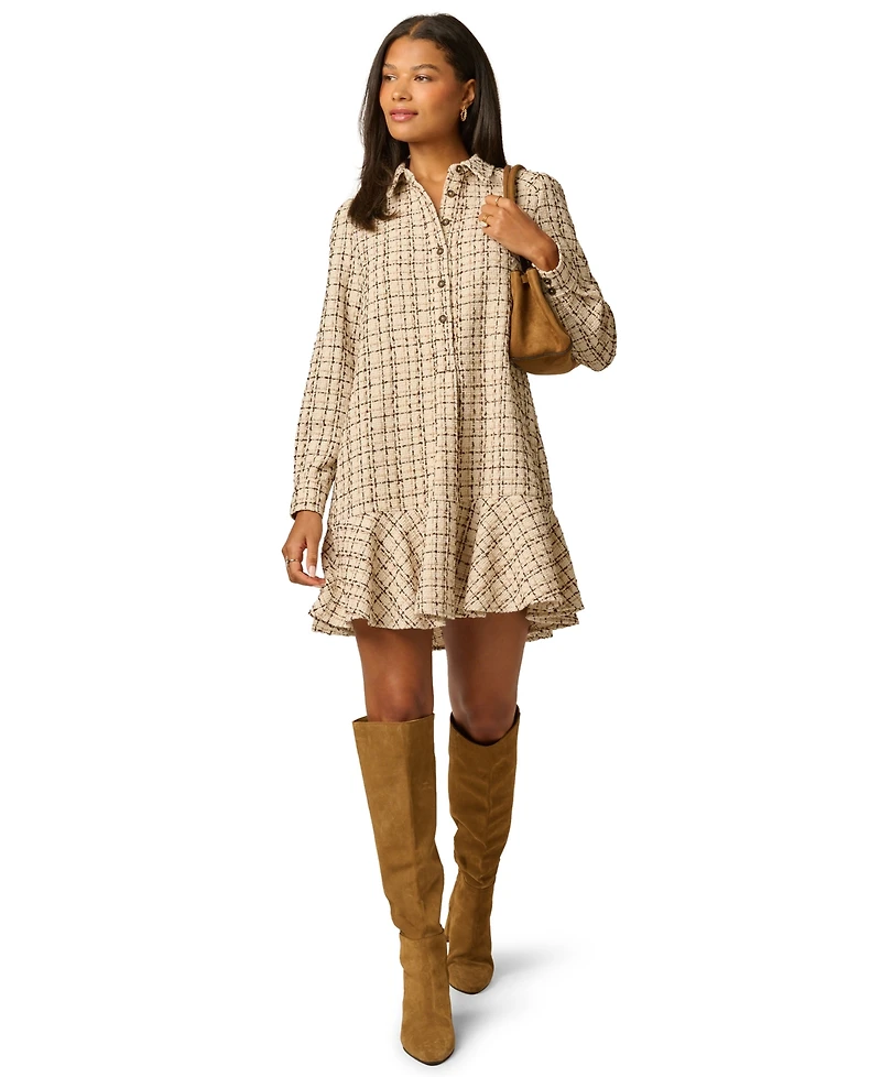 Adrianna Papell Women's Hailey Tweed Long-Sleeve Ruffled-Hem Shirt Dress