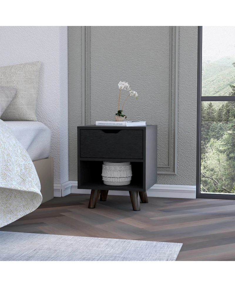 Flynama 1-Drawer Nightstand with Open Shelf and Wooden Legs
