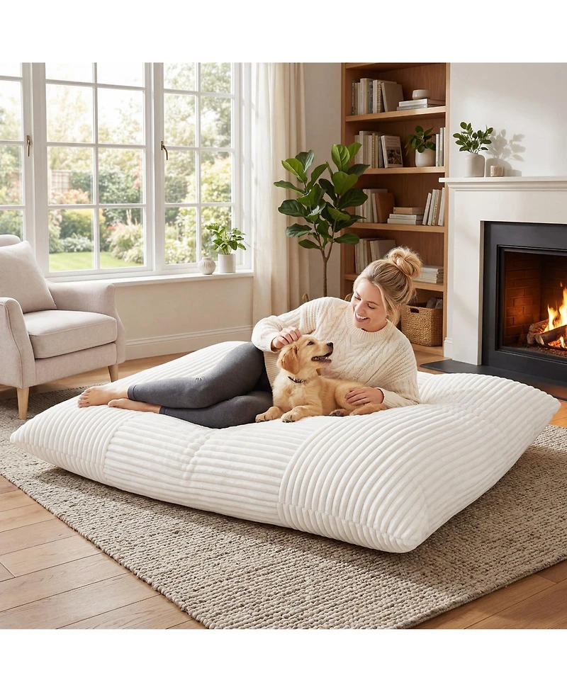 Gymax Convertible Bean Bag Floor Sofa with Machine-washable Corduroy Cover Soft Sponge