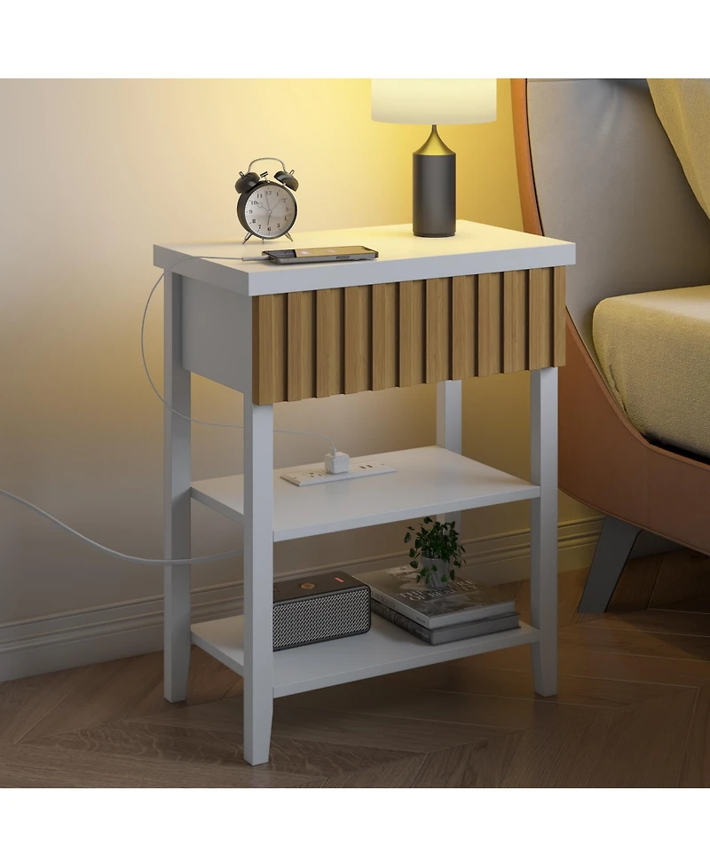 Flynama Set of 2 Fluted Nightstands with Charging Station, Farmhouse Side Table with Drawer and Open Shelves
