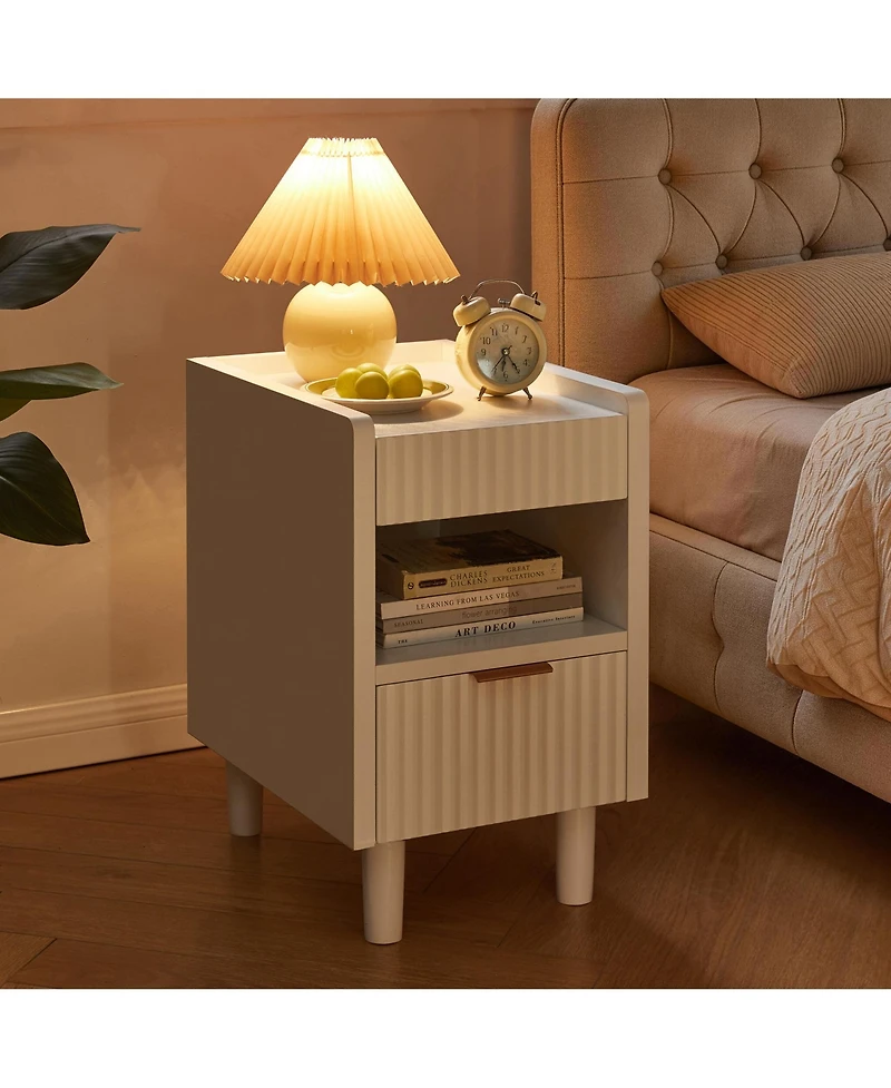 Flynama 2 Pack Fluted Nightstand, Integrated Base Bedside Table with Drawer and Open Cubby