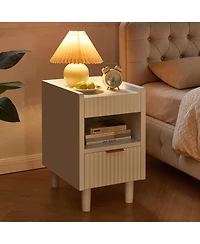 Flynama 2 Pack Fluted Nightstand, Integrated Base Bedside Table with Drawer and Open Cubby