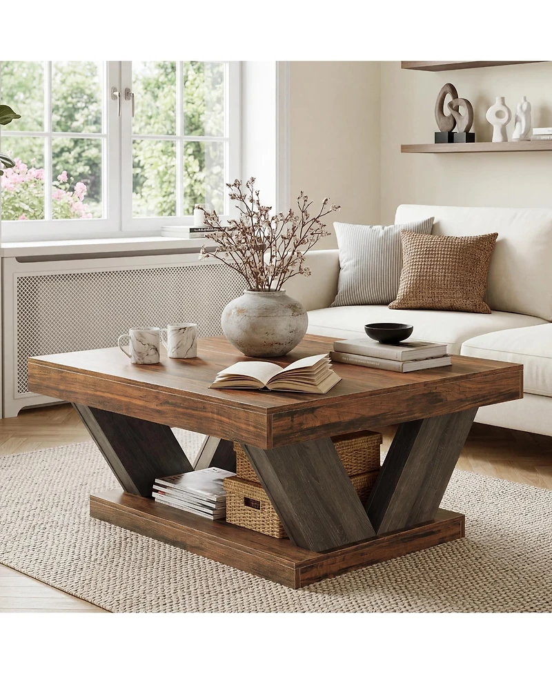 Tribesigns 2-Tier Rustic Wood Coffee Table, Farmhouse Square, Large